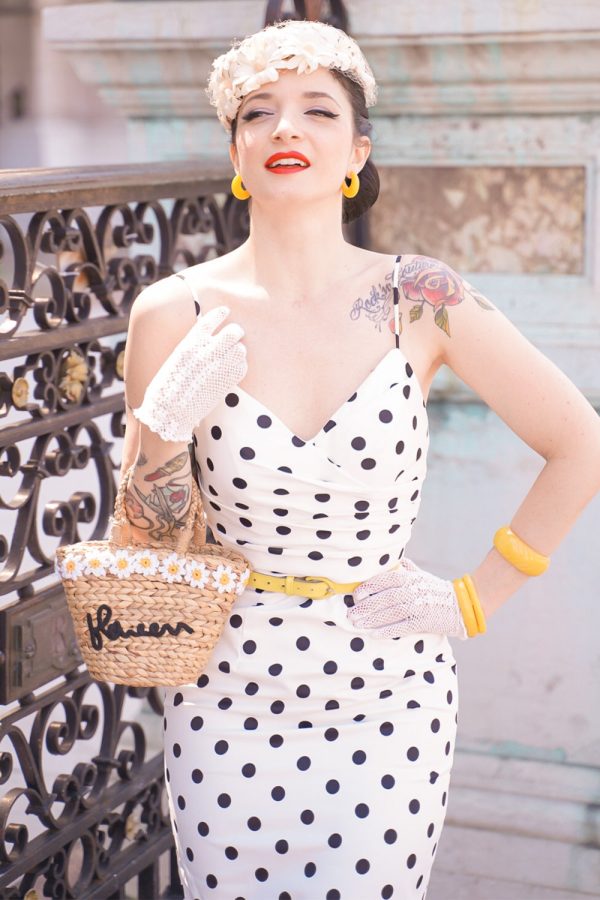 Yellow Mermaid Spaghetti Straps White Polka Dots Dress - Image 8