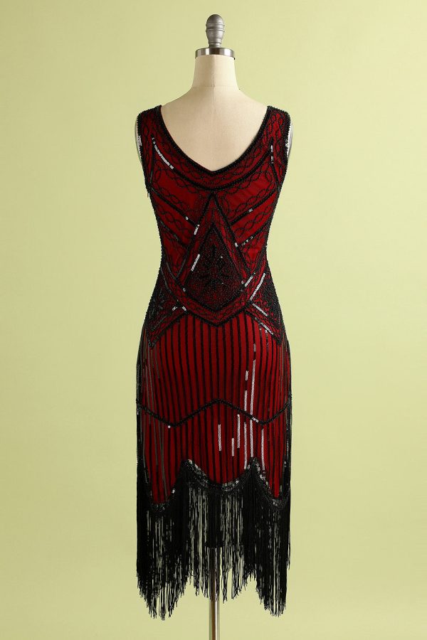 Red and Black Deep V Neck Flapper 1920s Dress - Image 7