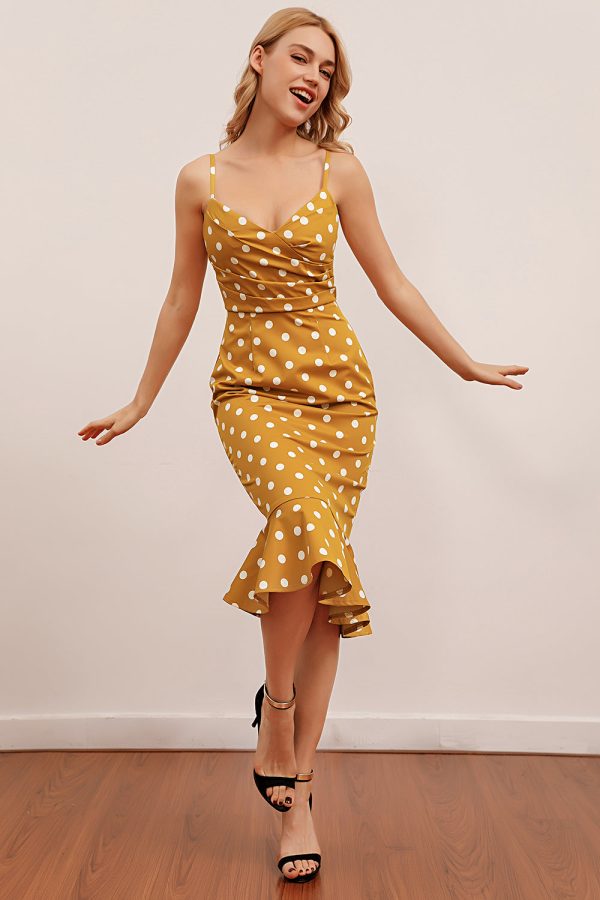 Yellow Mermaid Spaghetti Straps White Polka Dots Dress - Image 3