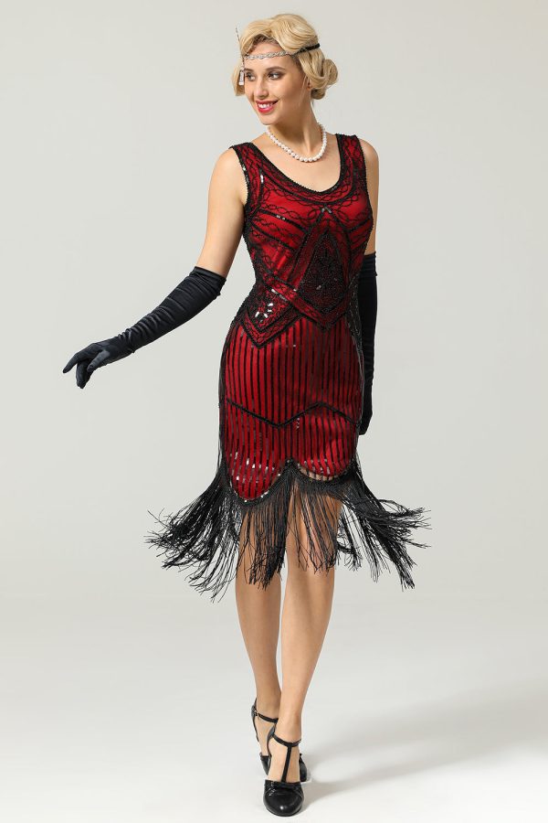Red and Black Deep V Neck Flapper 1920s Dress - Image 4