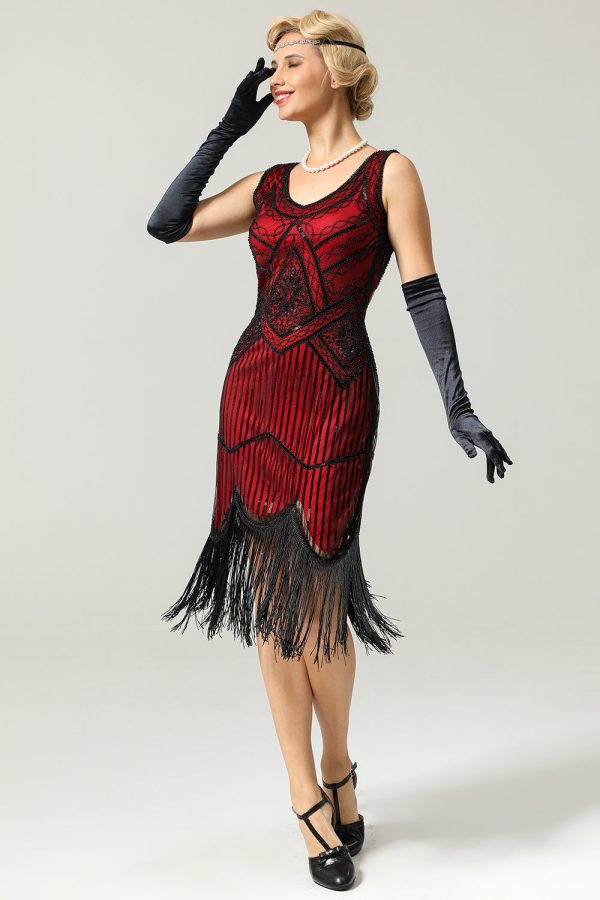 Red and Black Deep V Neck Flapper 1920s Dress - Image 5