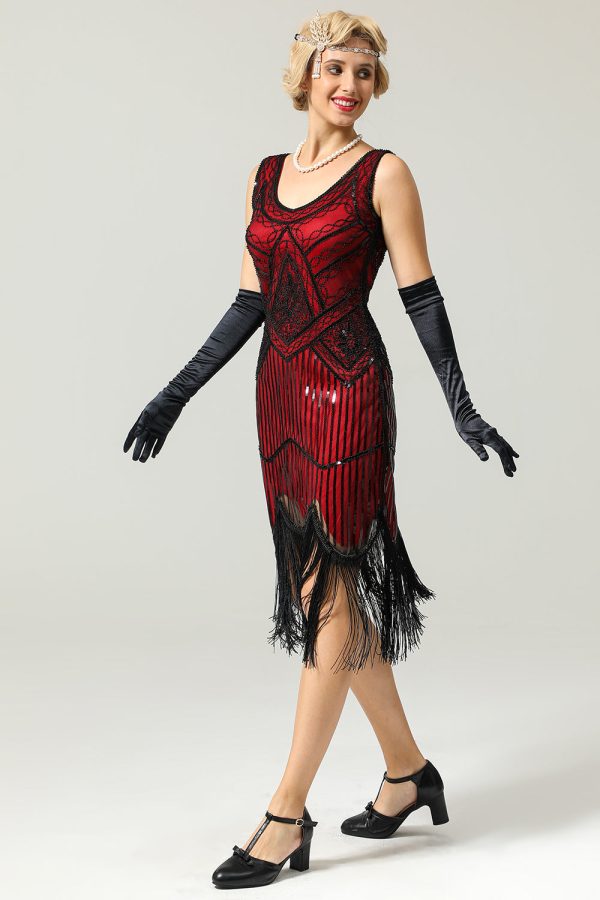 Red and Black Deep V Neck Flapper 1920s Dress - Image 3