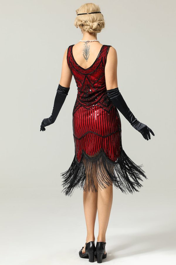 Red and Black Deep V Neck Flapper 1920s Dress - Image 2