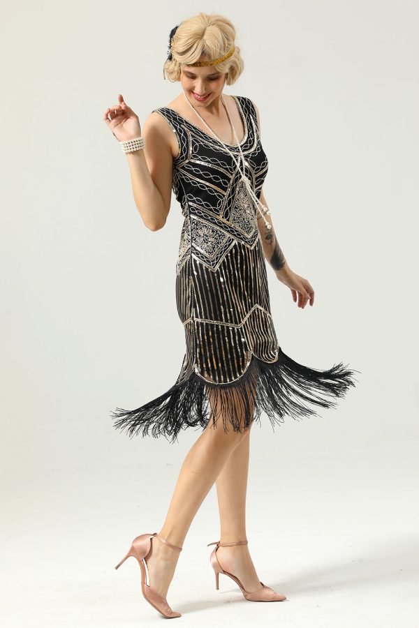 Black Deep V Neck Flapper 1920s Dress - Image 4