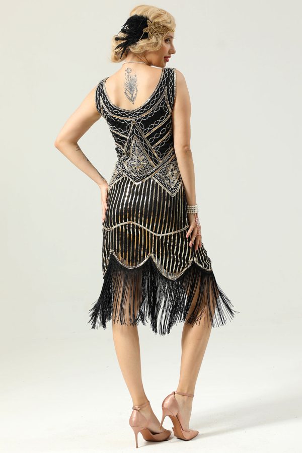 Black Deep V Neck Flapper 1920s Dress - Image 2