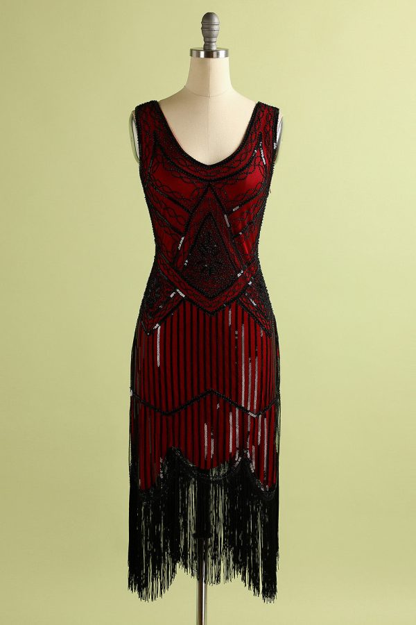 Red and Black Deep V Neck Flapper 1920s Dress - Image 6